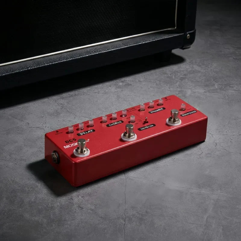 Red rectangular moskyaudio dc5 guitar multi-effects pedal with six silver knobs distortion overdrive booster buffer