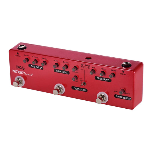 Red moskyaudio dc5 multi-effect pedal for guitar with delay chorus distortion overdrive and true bypass features