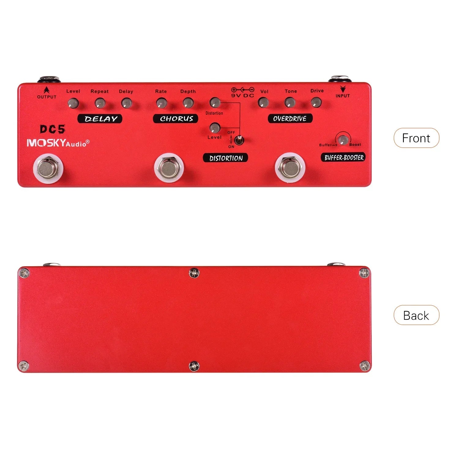 Red moskyaudio dc5 guitar effects pedal with metal shell true bypass offers six modes delay chorus distortion overdrive booster