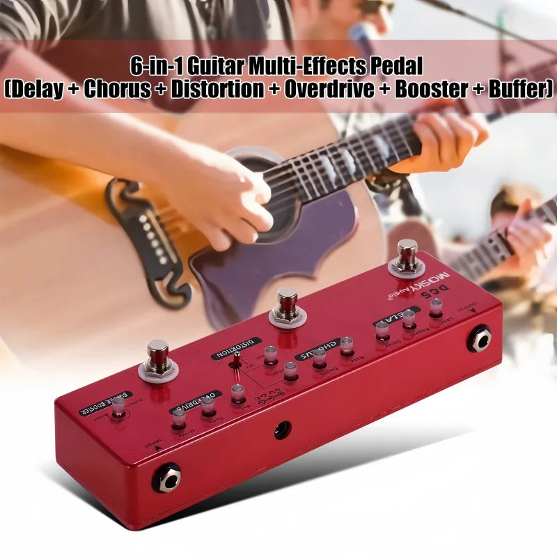 Red rectangular MOSKYAUDIO DC5 guitar multi-effects pedal with metal shell true bypass and modes delay chorus distortion overdrive booster