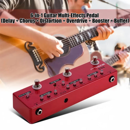 Red rectangular MOSKYAUDIO DC5 guitar multi-effects pedal with metal shell true bypass and modes delay chorus distortion overdrive booster