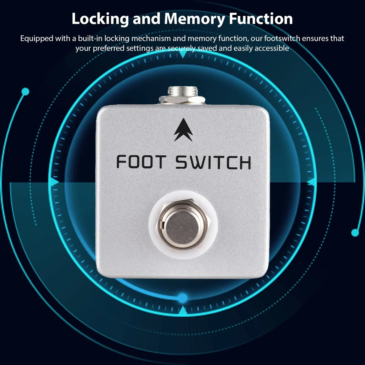 Silver metallic moskyaudio footswitch amp with circular pedal and black text featuring channel footswitch locking and mono output latching