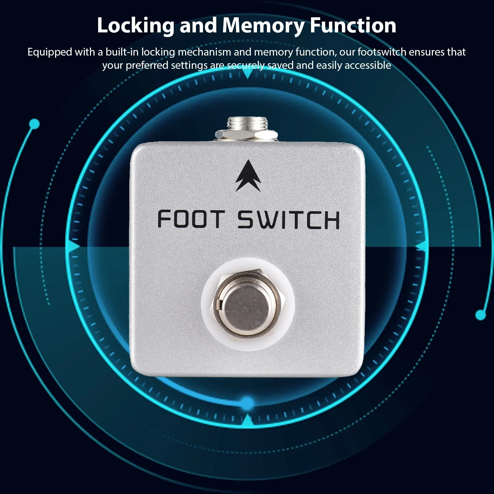 Silver metallic moskyaudio footswitch amp with circular pedal and black text featuring channel footswitch locking and mono output latching