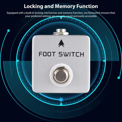 Silver metallic moskyaudio footswitch amp with circular pedal and black text featuring channel footswitch locking and mono output latching