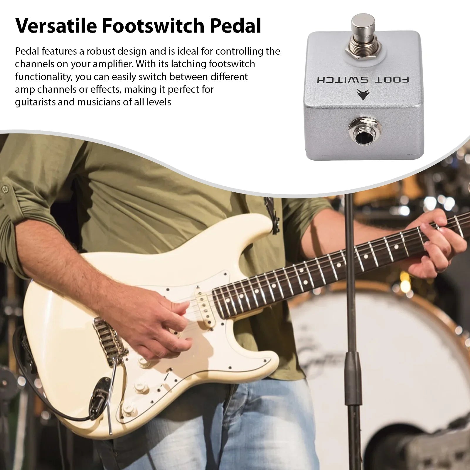 Silver metallic moskyaudio footswitch amp with square aluminum body black text arrow label for channel footswitch locking and mono output latching
