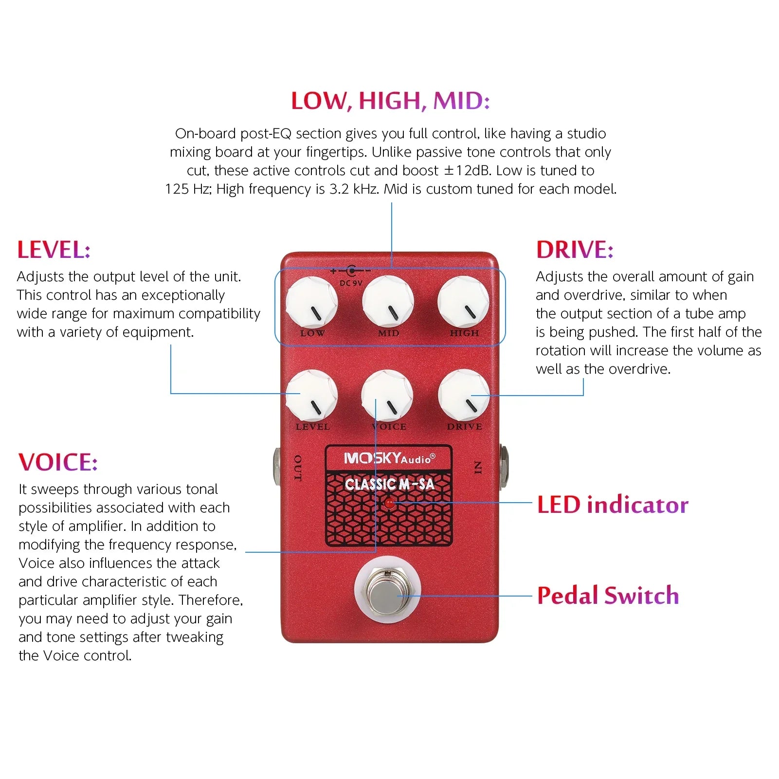 Red moskyaudio classic m-5a guitar effect pedal with six white knobs and speaker simulation drive voice control features