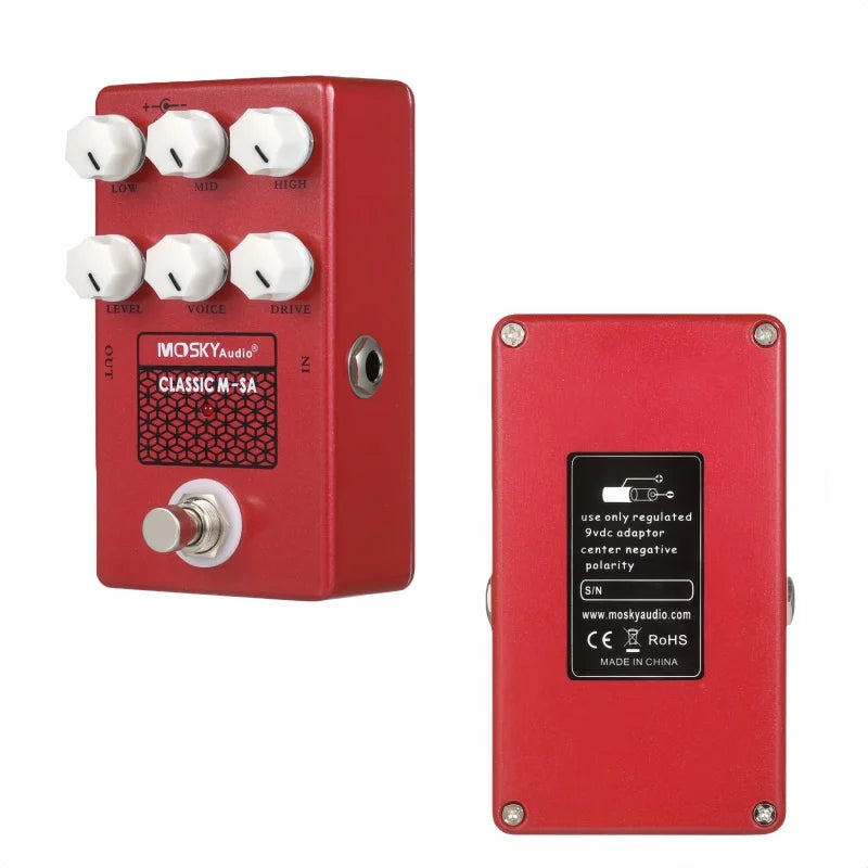 Red mosky audio classic m-sa guitar effect pedal with six white knobs silver footswitch and drive voice speaker simulation