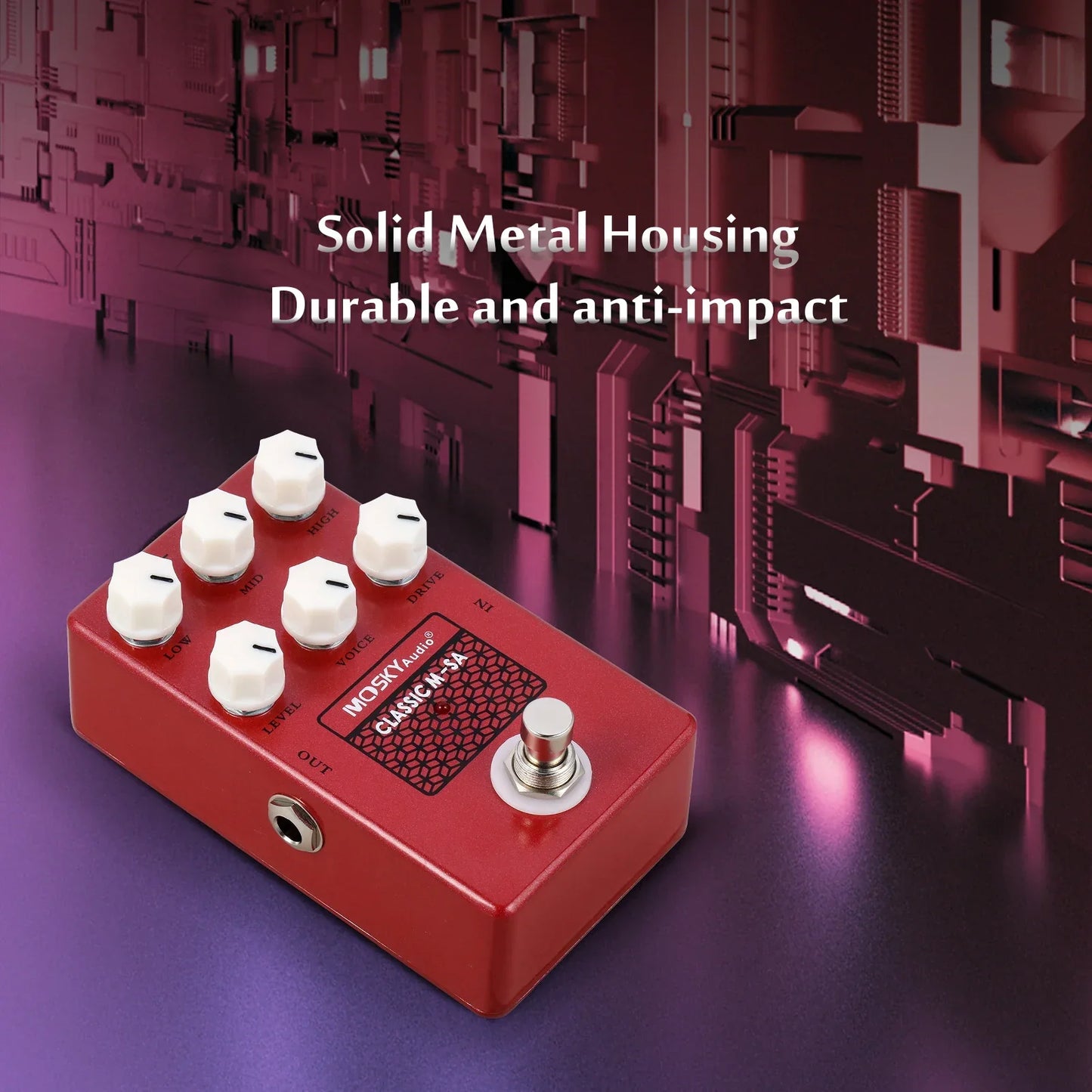 Red rectangular mosky audio classic-3k guitar effect pedal with white knobs and footswitch featuring speaker simulation and drive voice control