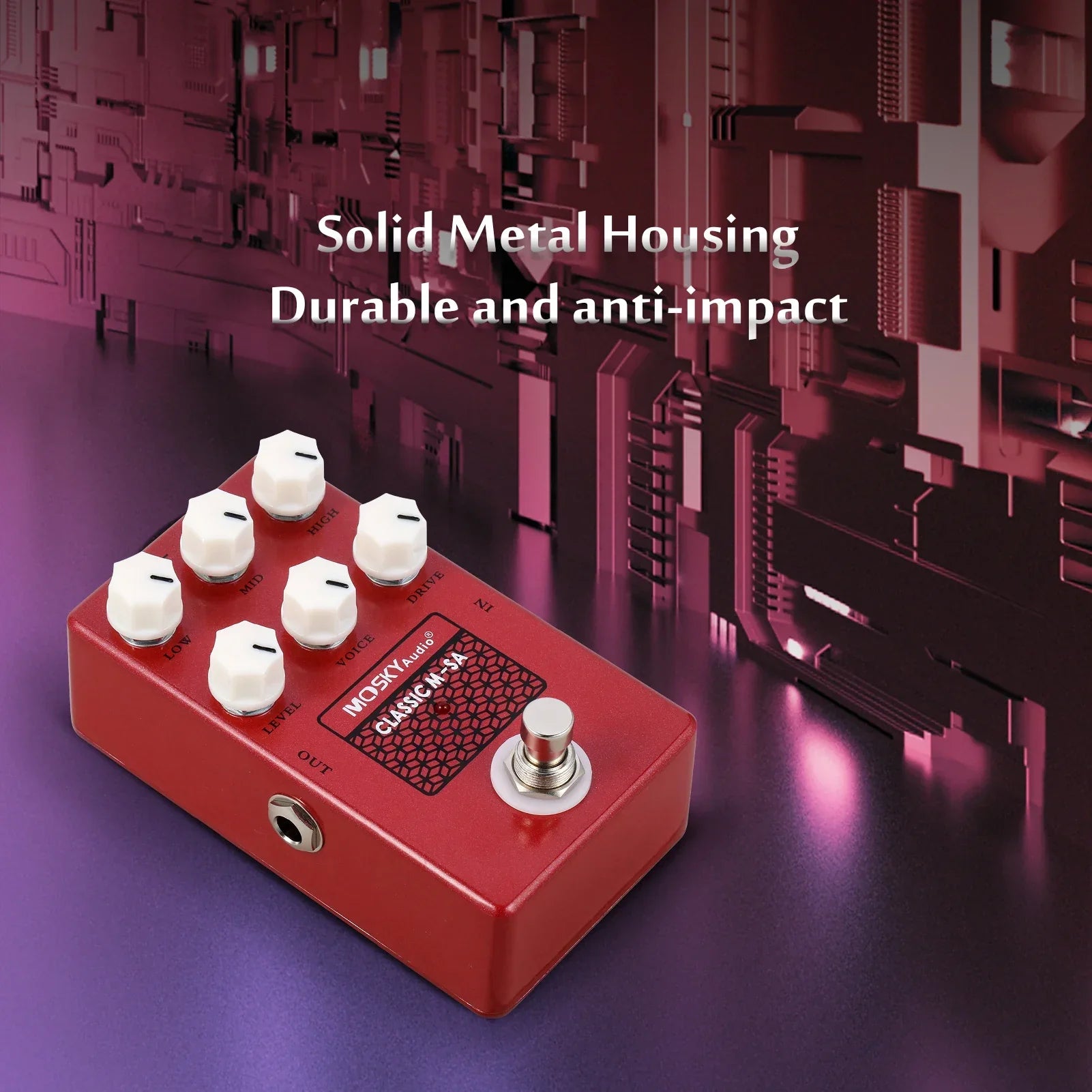 Red rectangular mosky audio classic-3k guitar effect pedal with white knobs and footswitch featuring speaker simulation and drive voice control