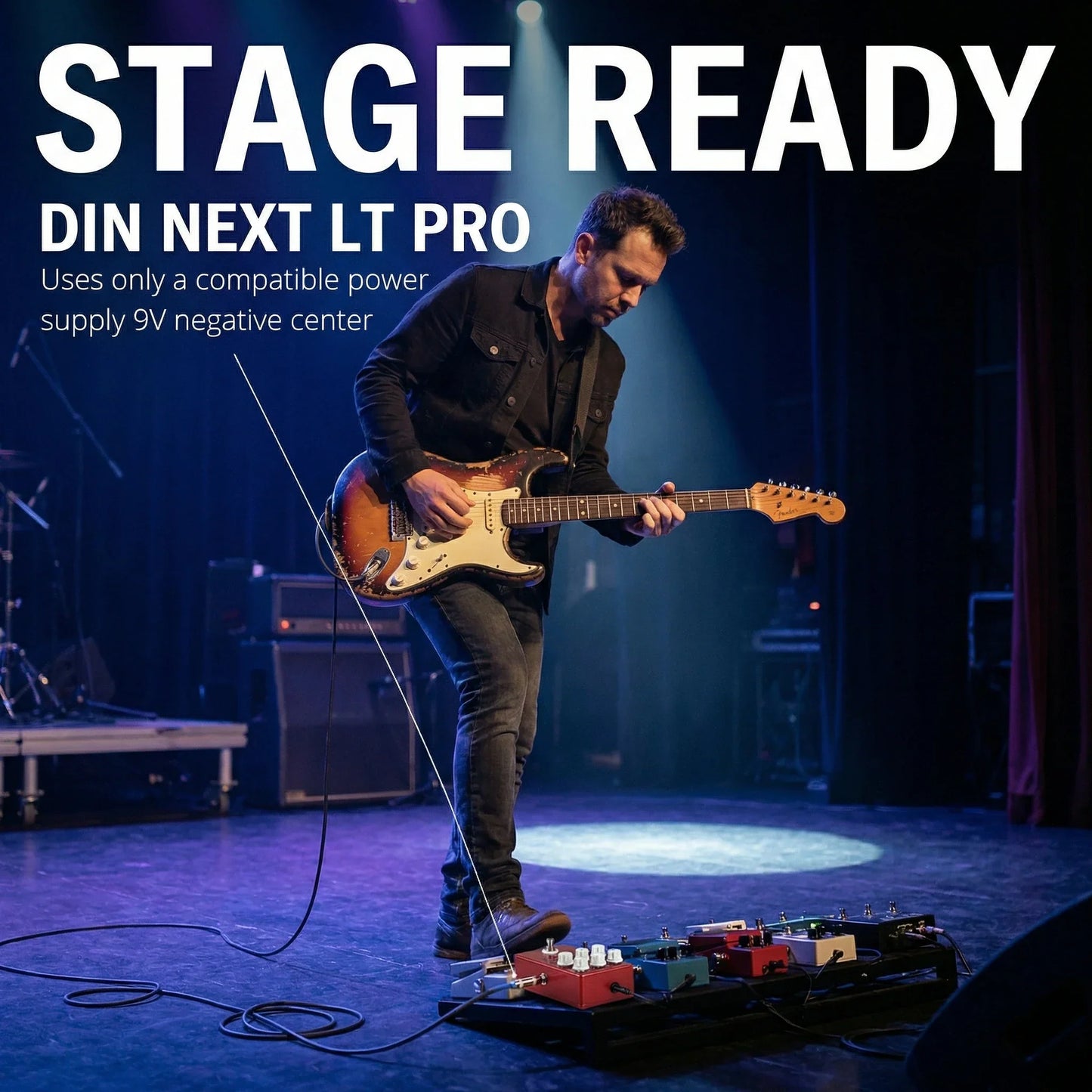 Din next lt pro pedalboard with colorful effect pedals and 9v negative center power supply featuring pedal classic simulation and drive voice level control guitar speaker tuner