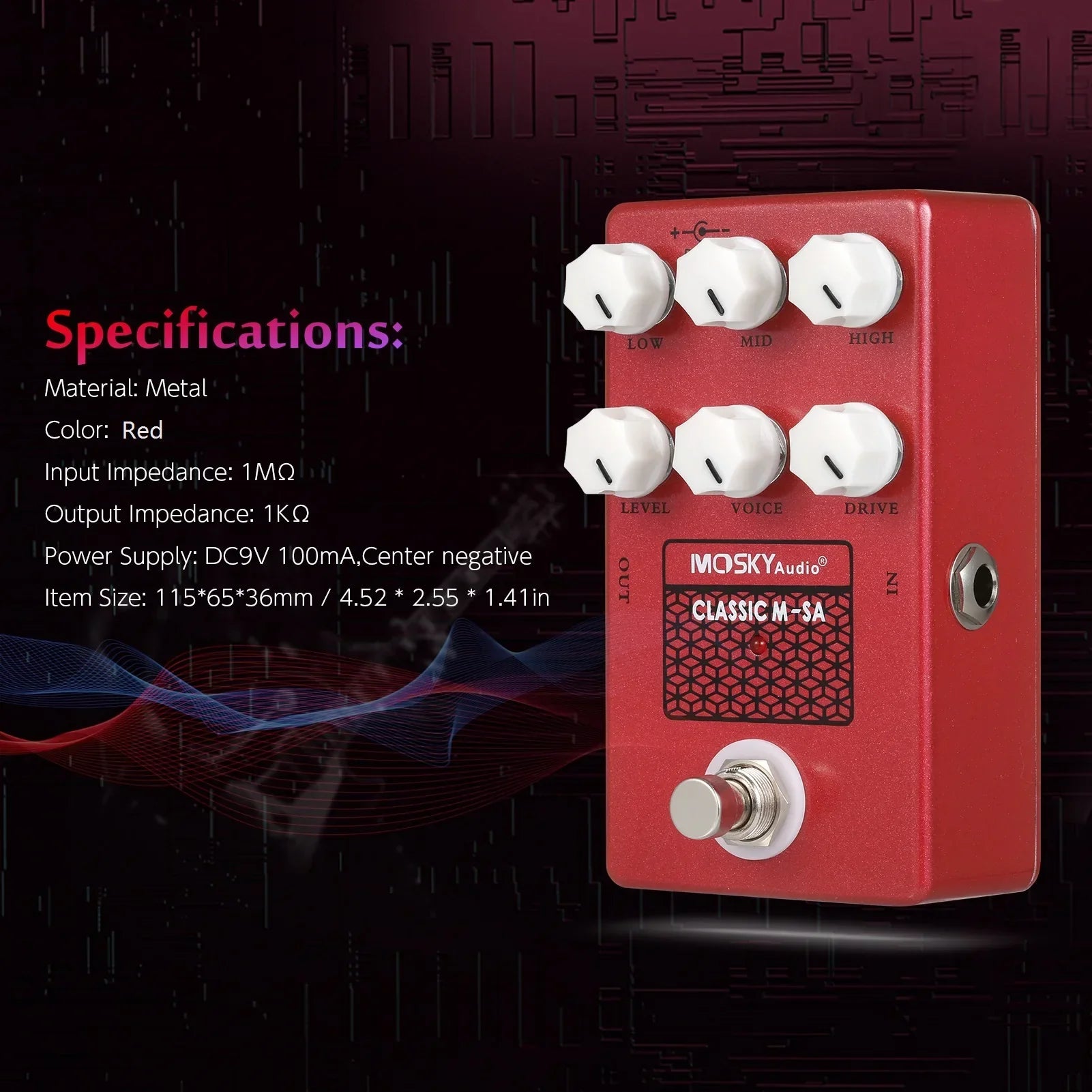 Red metal moskyaudio m-sa guitar speaker tuner pedal classic simulation with six white control knobs for drive voice level and eq