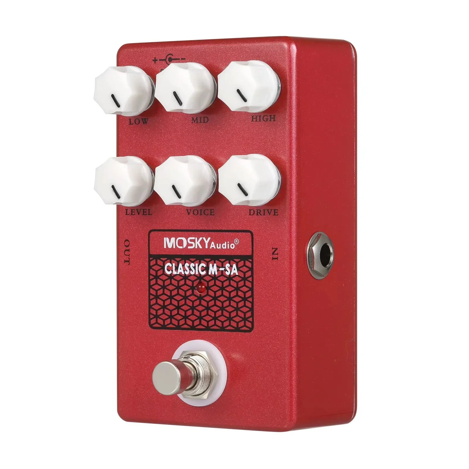 Red Moskyaudio M-Sa guitar speaker tuner pedal classic simulation with white knobs and silver footswitch for drive and tone control