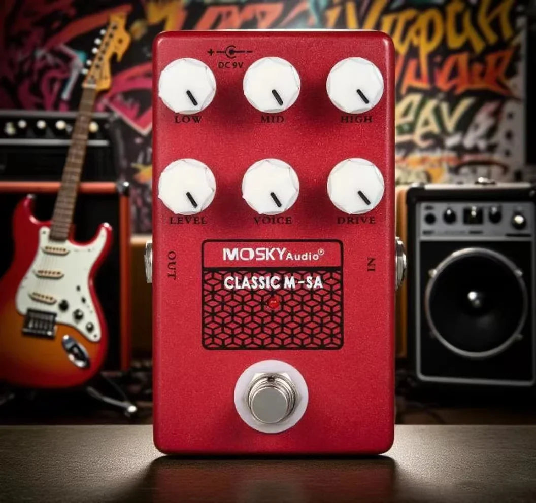 Red moskyaudio classic effect pedal with six white knobs and silver footswitch featuring drive voice level controls