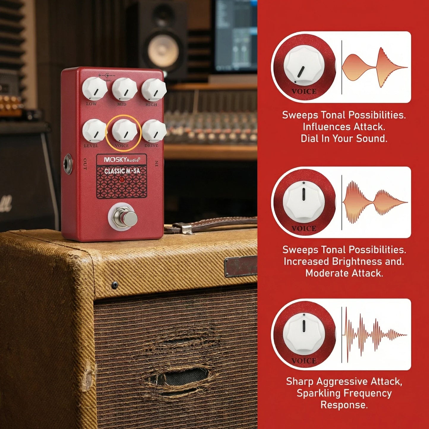 Red Moskyaudio M-Sa speaker guitar effect pedal classic with white knobs textured panel and drive voice level controls