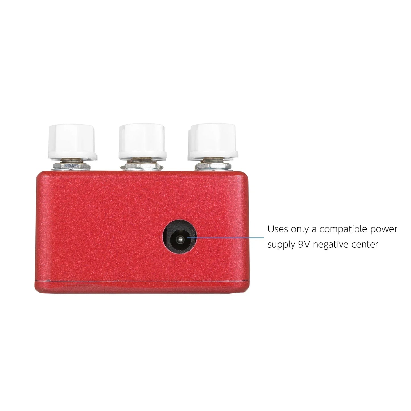 Red rectangular Moskyaudio M-Sa speaker guitar effect pedal classic with three white knobs for drive voice level control