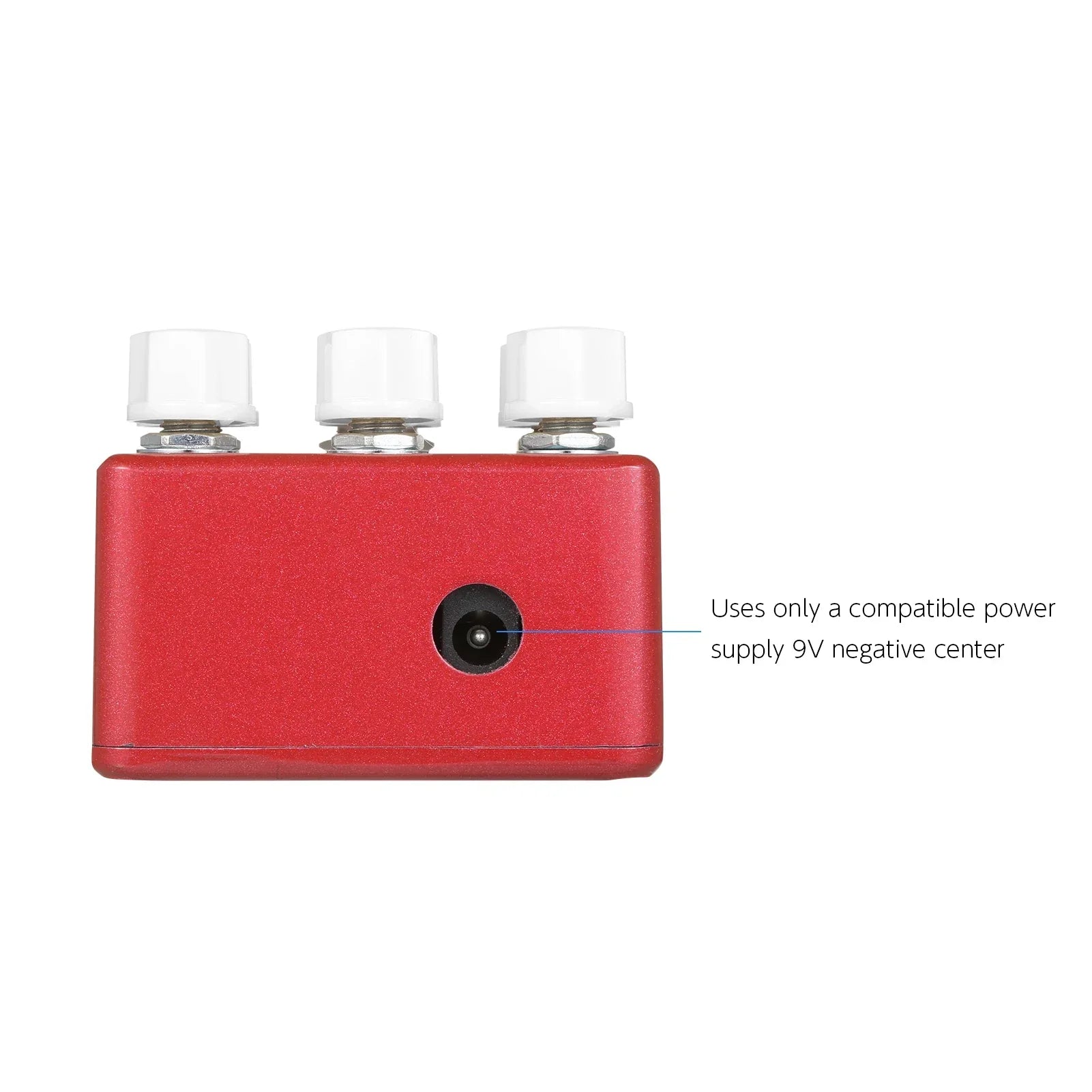 Red rectangular Moskyaudio M-Sa speaker guitar effect pedal classic with three white knobs for drive voice level control
