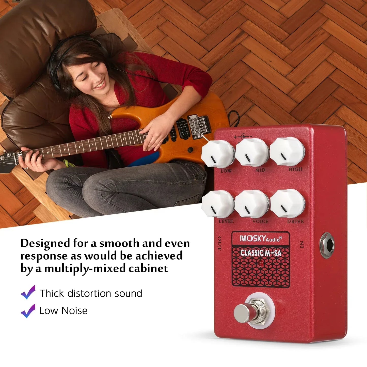 Red moskyaudio classic m-5a pedal classic simulation with six white knobs and silver footswitch for mid guitar parts
