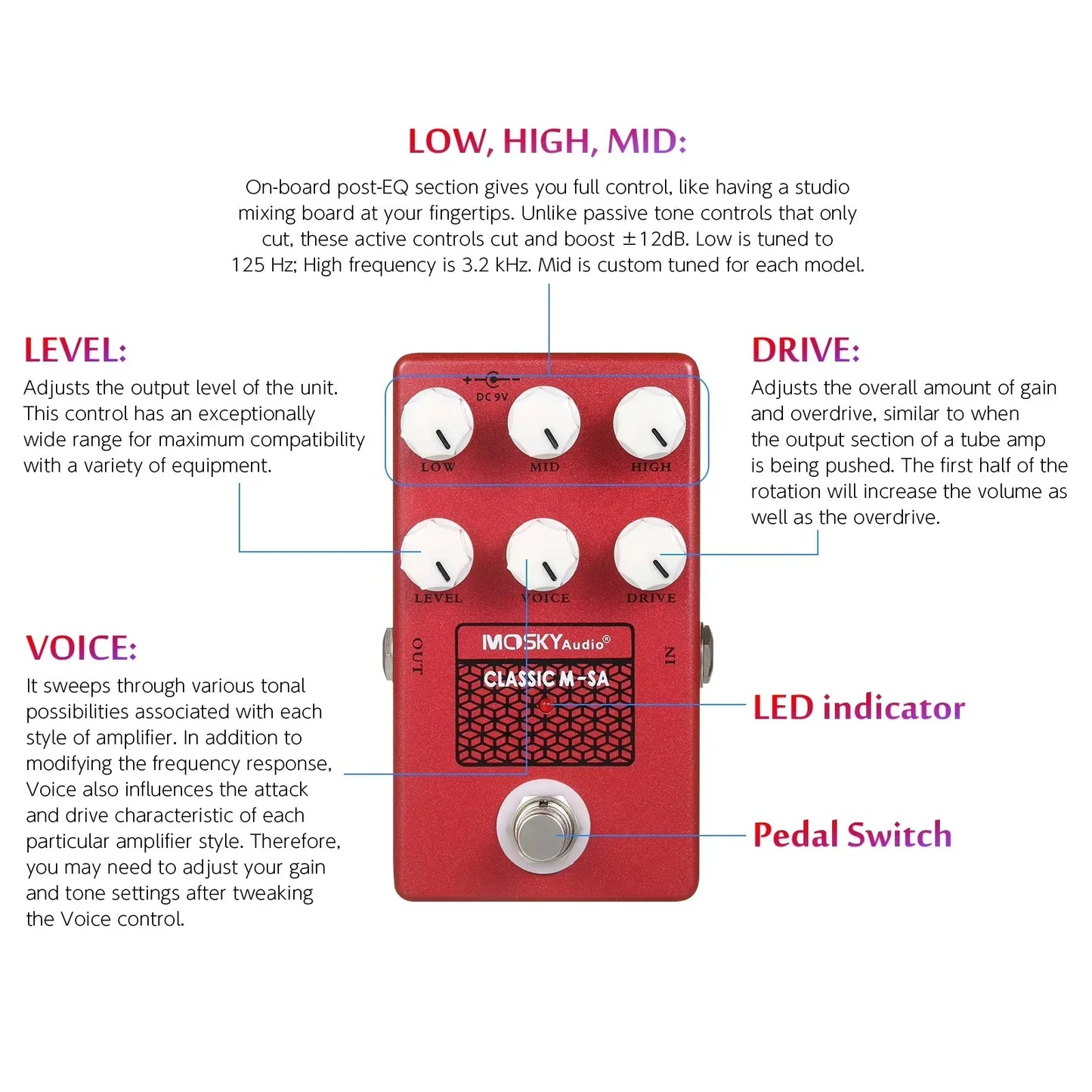 Red mosky audio classic m-5a guitar effects pedal with six white knobs and silver footswitch for mid guitar parts and pedal classic simulation