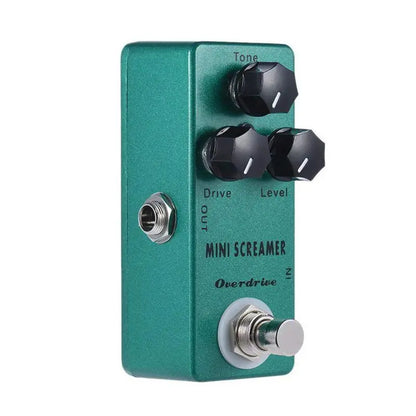 Teal metal MOSKYAUDIO mini screamer effect pedal with black hexagonal knobs and silver footswitch for guitar overdrive