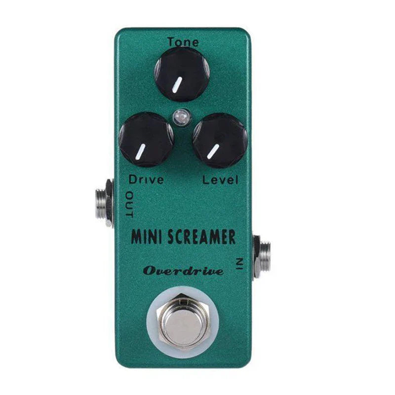 Teal-colored moskyaudio mini screamer effect pedal with tone drive level knobs and footswitch for guitar and synthesizer