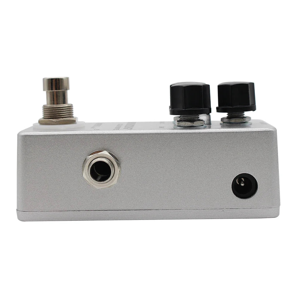 Silver metal moskyaudio mini string clean drive overdrive guitar pedal with black knobs and silver footswitch