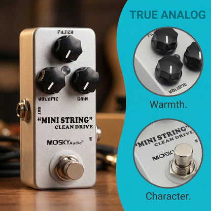 Silver metallic moskyaudio mini string clean drive overdrive guitar pedal with black knobs and chrome footswitch