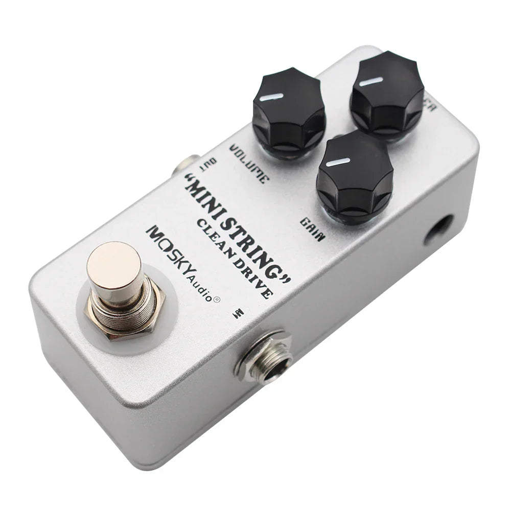 Silver metal moskyaudio mini string clean drive overdrive guitar pedal with three black knobs and silver footswitch