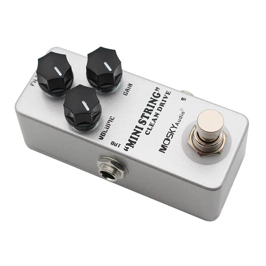 Silver metal moskyaudio mini string clean drive overdrive guitar pedal with three black knobs and gold footswitch