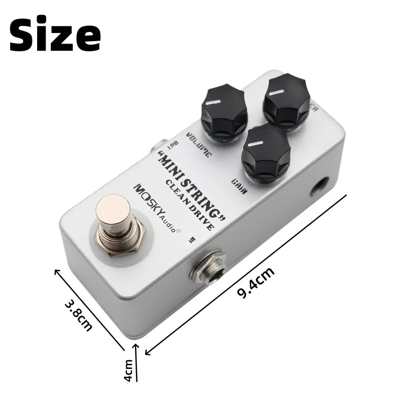 Silver metallic moskyaudio mini string clean drive overdrive guitar pedal with three knobs for volume gain and footswitch control