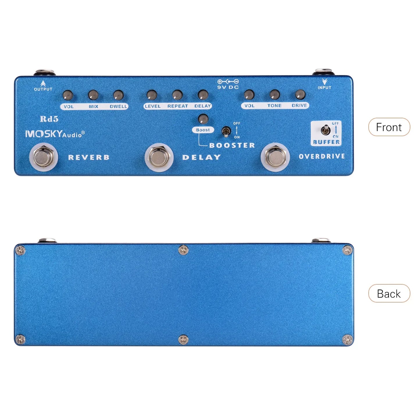 Blue metallic mosky audio rd5 guitar multi-effects pedal with three footswitches and wet signal ratio control