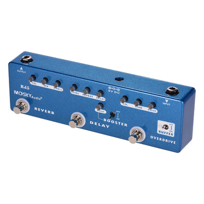 Blue metallic mosky audio rd5 multi-effects pedal with reverb delay overdrive footswitches dry wet signal ratio and power adapter support