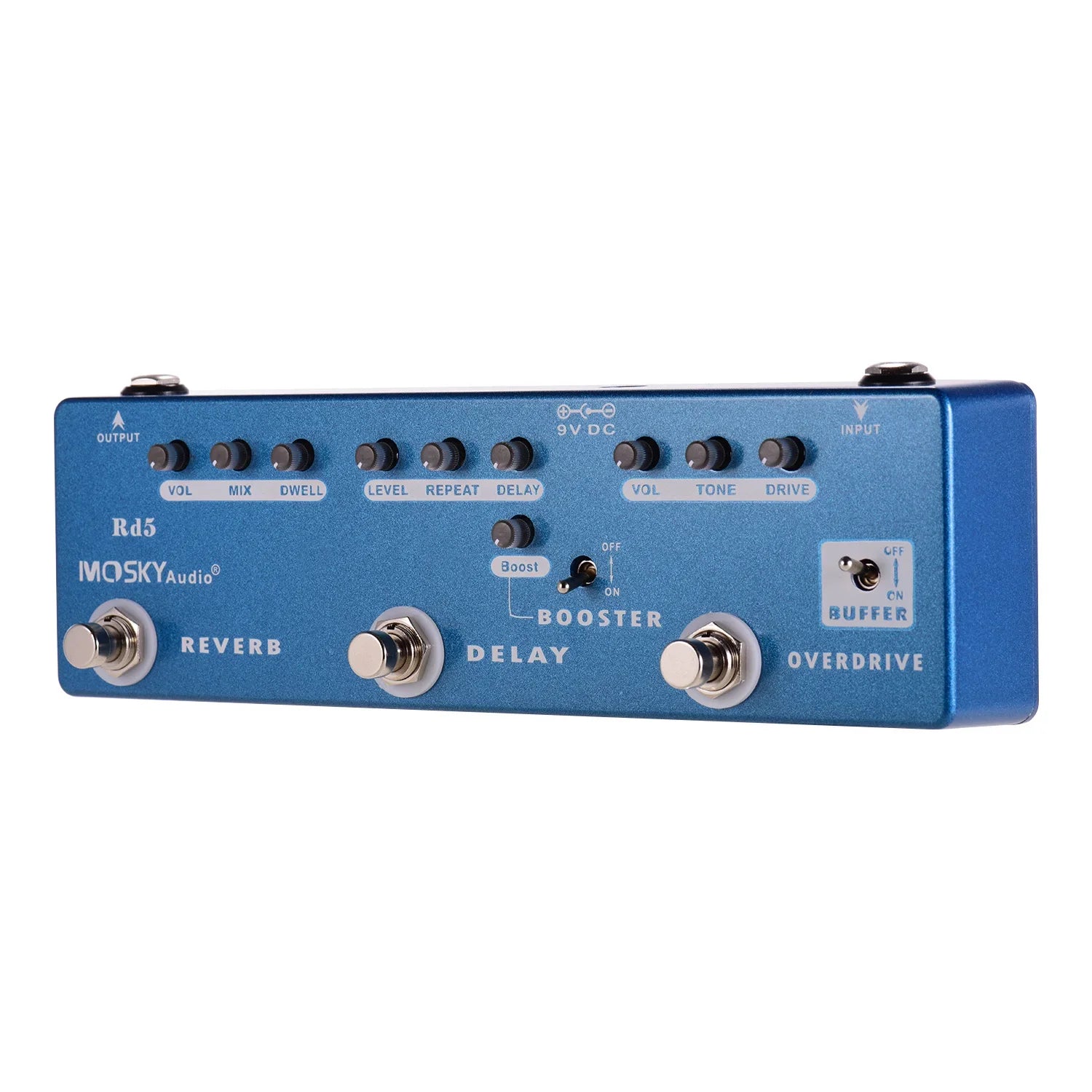 Blue mosky audio rd5 guitar effects pedal with multiple knobs and footswitches features wet signal ratio control and power adapter input