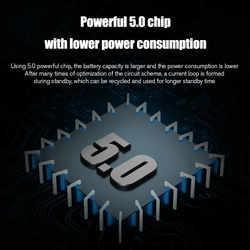 A sleek metallic 5.0 chip with embossed numerals on a dark circuit board for motorcycle bluetooth helmet headset wireless noise reduction moto