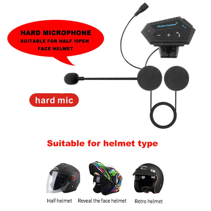 Black wireless motorcycle helmet headset with hard microphone and earpieces for wireless handsfree mic and music use