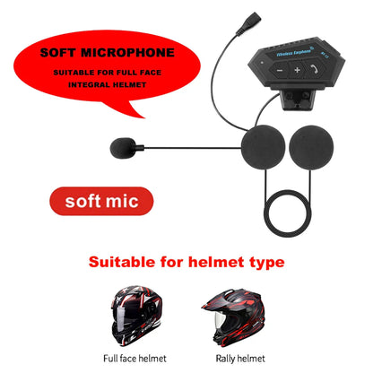 Black wireless motorcycle helmet headset with soft microphone and earpieces for wireless handsfree mic and music use