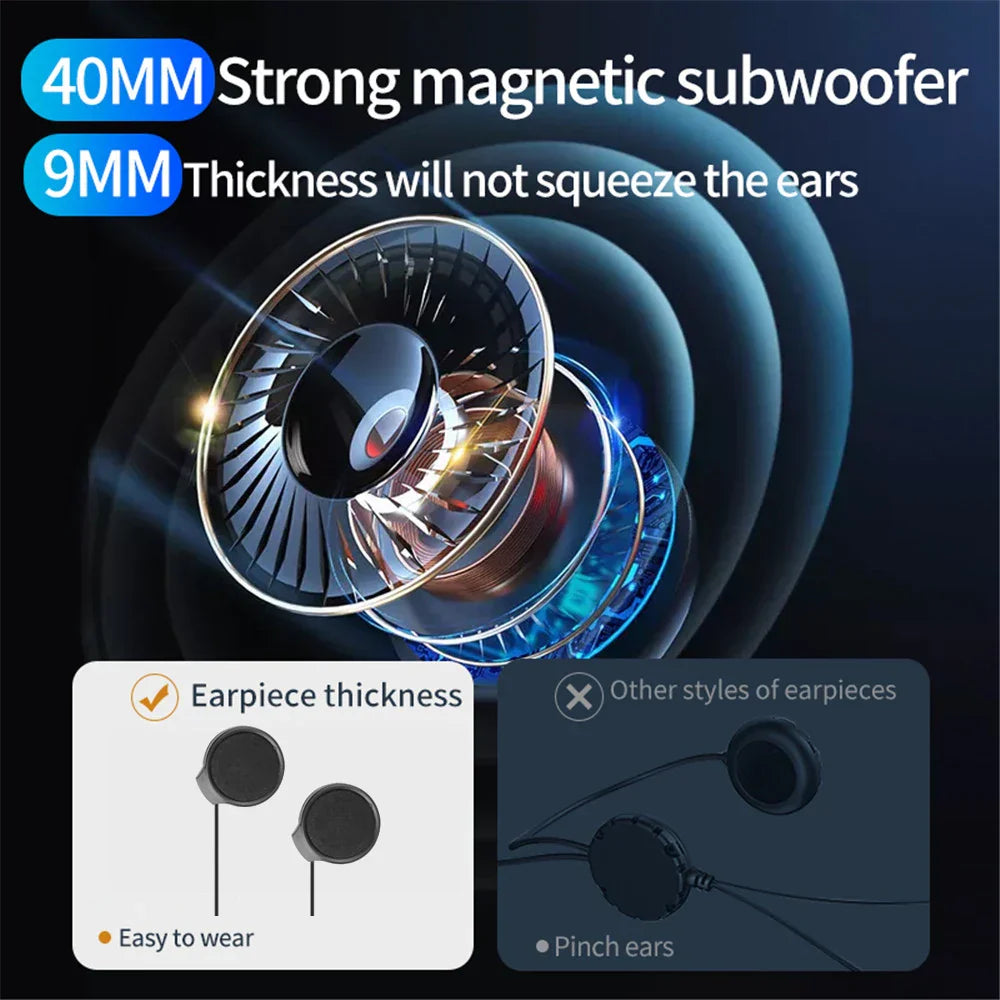 Motorcycle helmet headset with 40mm strong magnetic subwoofer, 9mm thickness, wireless handsfree mic black metallic design