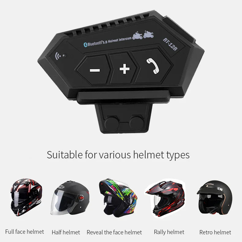 Black bluetooth 3.0 motorcycle helmet headset with wireless handsfree mic and three control buttons for music and calls