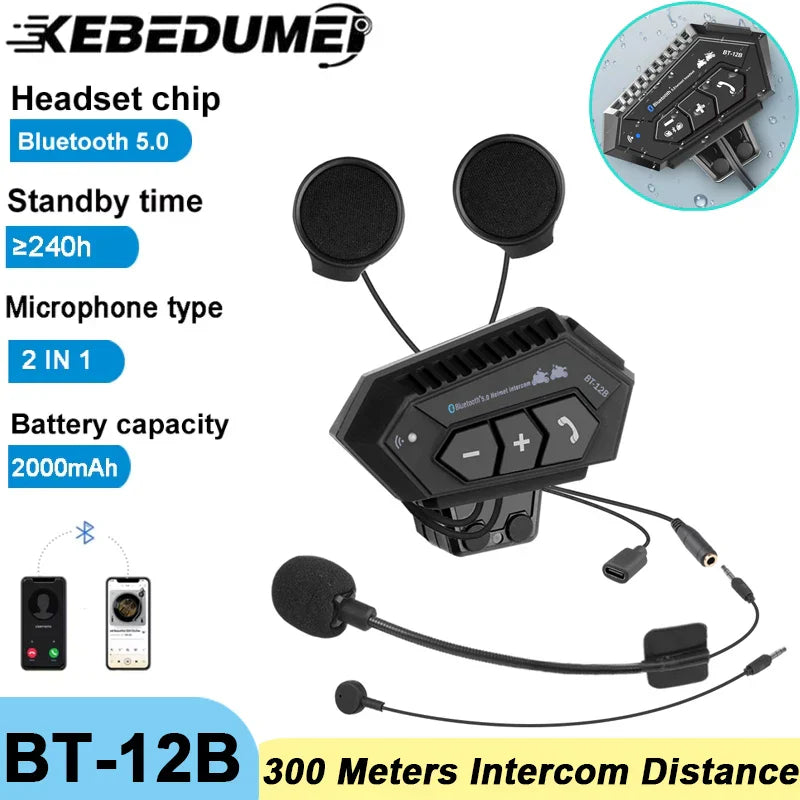 Black kebedumei bt-12b motorcycle helmet headset with wireless handsfree mic and mic headphones music player features bluetooth 5.0