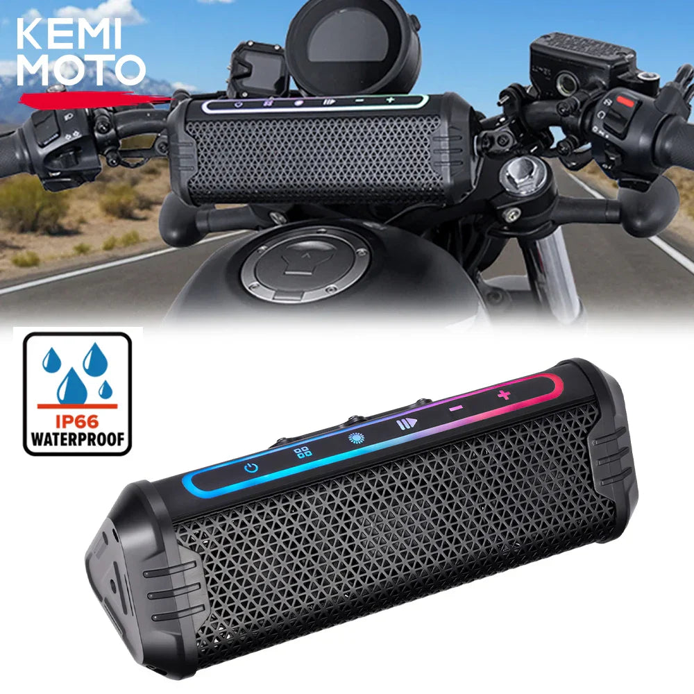 Black kemi moto waterproof motorcycle speaker with textured mesh grille and colorful led lighting for handlebar atv utv accessories equipments