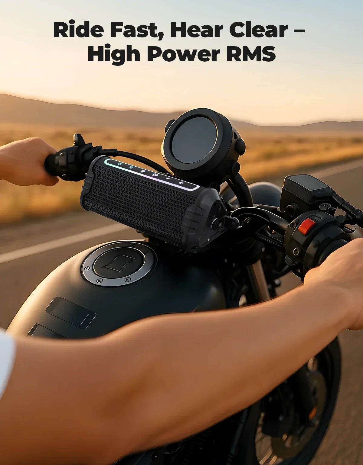 Black rugged waterproof motorcycle speaker with textured grille and LED lighting mounted on a handlebar ATV UTV accessory