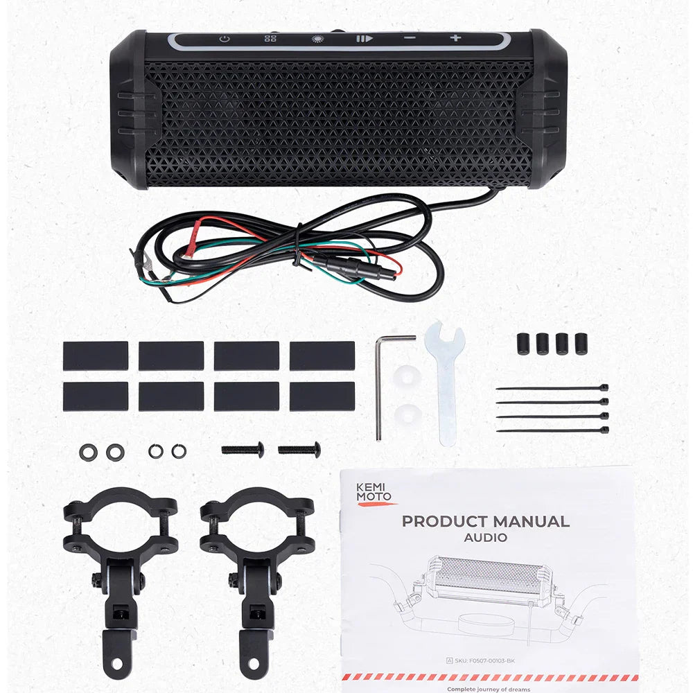 Black rugged motorcycle speaker with textured grille and control buttons for handlebar atv utv accessories equipments