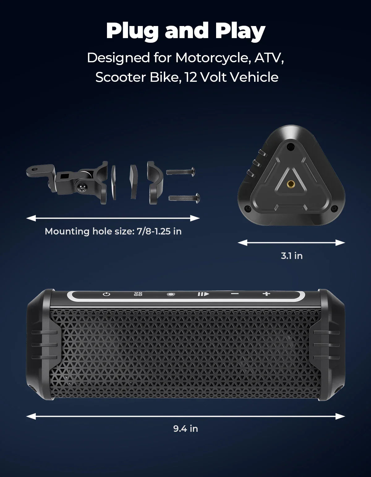 Black rugged portable motorcycle speaker with textured mesh grille and silver trim for handlebar atv utv accessories equipments