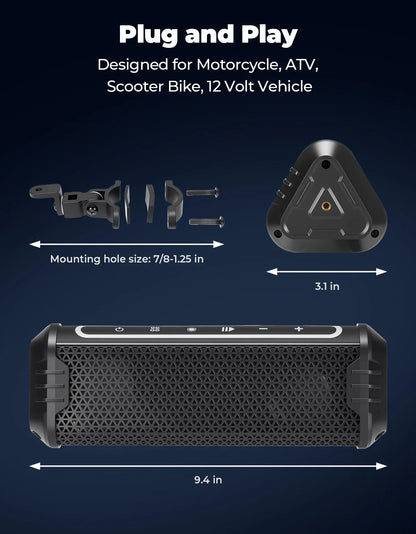 Black rugged portable motorcycle speaker with textured mesh grille and silver trim for handlebar atv utv accessories equipments