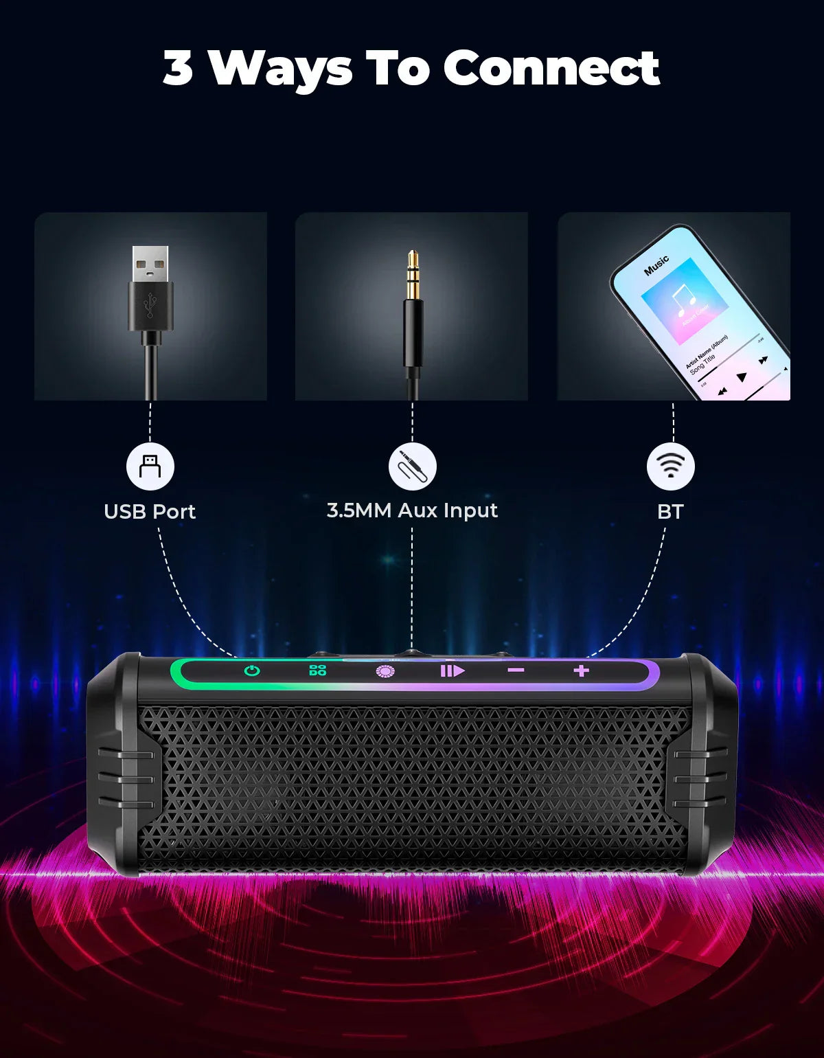Black rugged motorcycle speaker with led-lit control panel and textured grille for handlebar atv utv accessories equipments