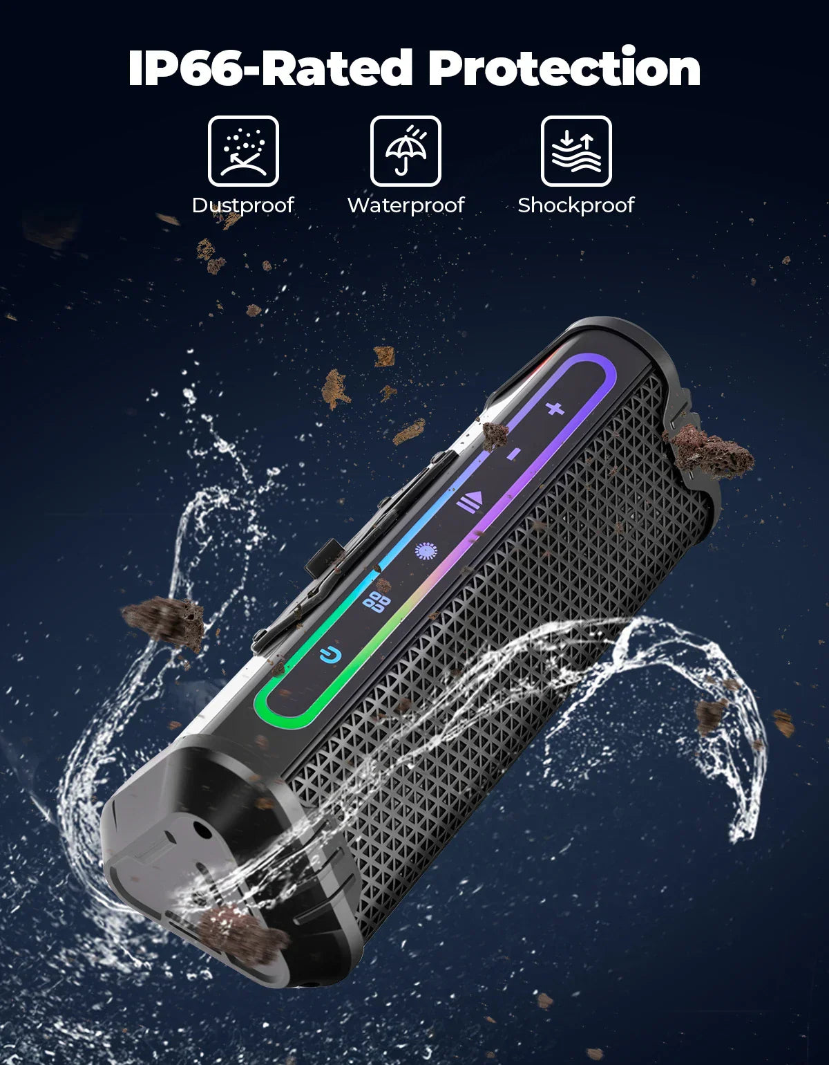 Black and silver rugged waterproof motorcycle speaker with textured mesh and colorful led display for handlebar atv utv use