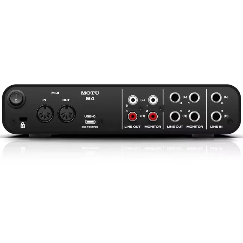 Black motu m4 4-in 4-out usb audio interface with sound ess sabre32 dac technology and mic line guitar input ports back view