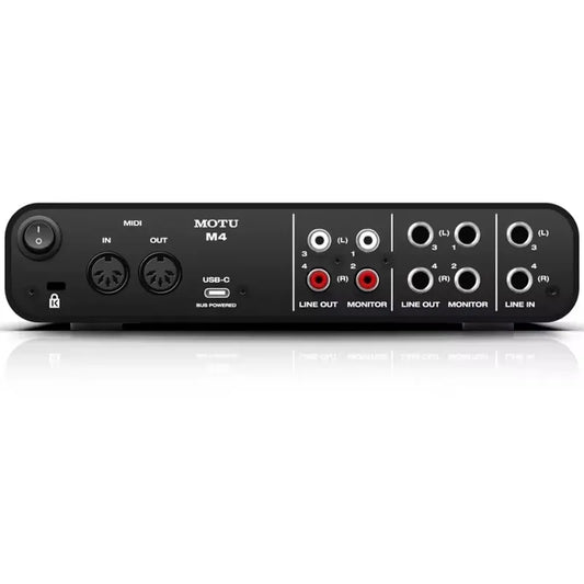 Black motu m4 4-in 4-out usb audio interface with sound ess sabre32 dac technology and mic line guitar input ports back view