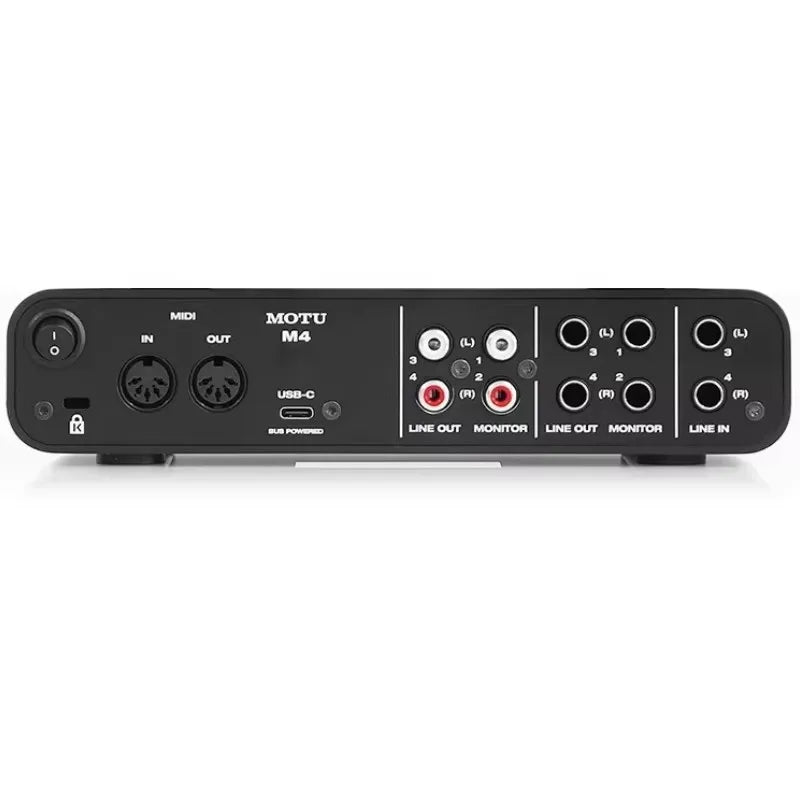 Black motu m4 usb audio interface with multiple input output ports and dac technology for mic line guitar use