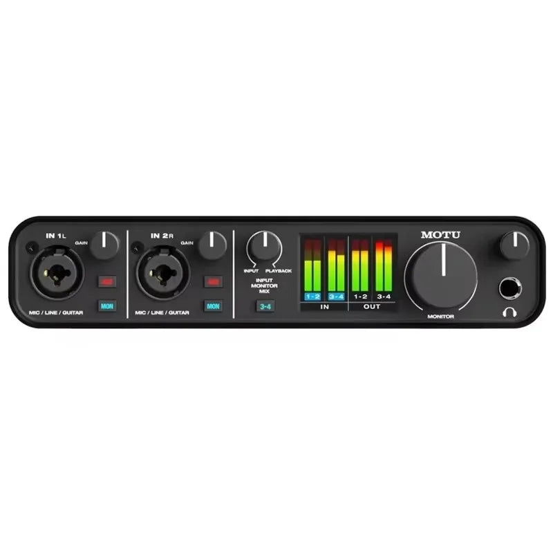 Black motu m4 4-in 4-out usb audio interface with colorful led meters, ess sabre32 dac technology, mic line guitar inputs