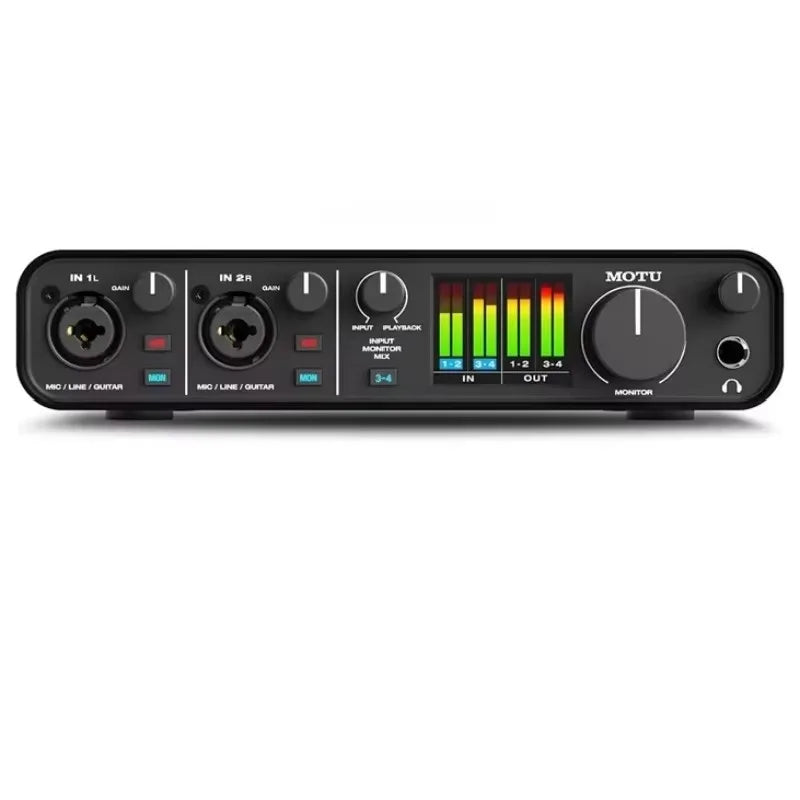 Black MOTU M4 audio interface with two XLR inputs, led levels for channels 1-4, monitor volume knob, ESS Sabre32 DAC technology